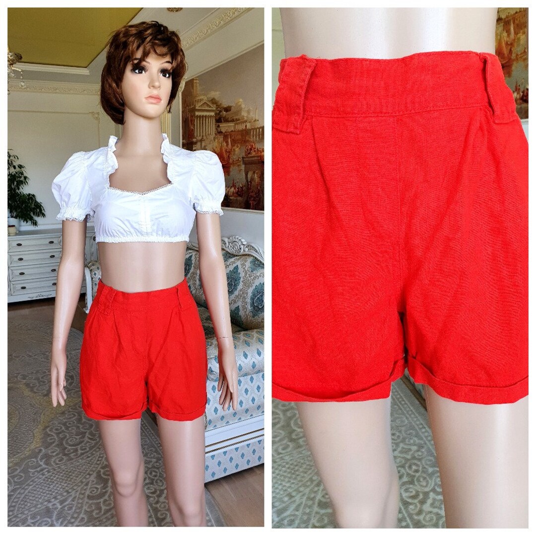 Red Shorts Womens Shorts Red LINEN Shorts Pleated Shorts Booty Etsy