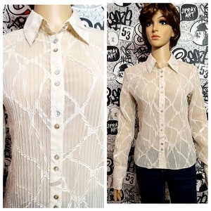トップス 80s- White see-through shirt Vintage 80s Shirt / 1980s Sheer White Lace Loose Tank Top XS