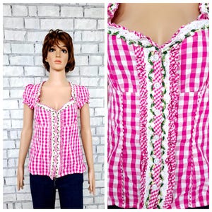 pink Gingham S Shirt Gingham Dirndl Blouse Gingham Blouse dirndl top Button Up Shirt pink check shirt check Blouse Vintage cotton shirt