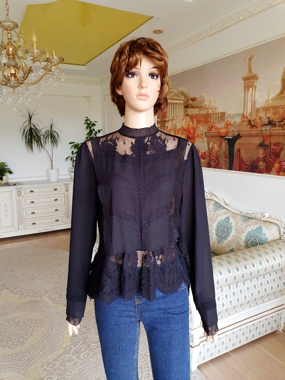 gothic shirt gothic Blouse  black lace blouse Vin… - image 2