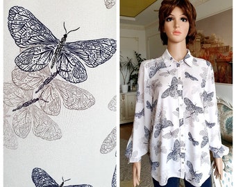 womens blouse vintage  womens shirt Collared blouse boho blouse  butterfly print blouse  butterfly shirt Casual Blouse Minimalist blouse L