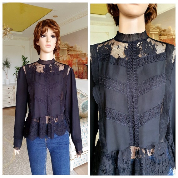 gothic shirt gothic Blouse  black lace blouse Vin… - image 1