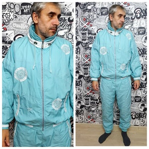 Unisex track suit 90s L colorful sport suit vintage womens mens aqua track suit womens sport pants womens windbreaker track top