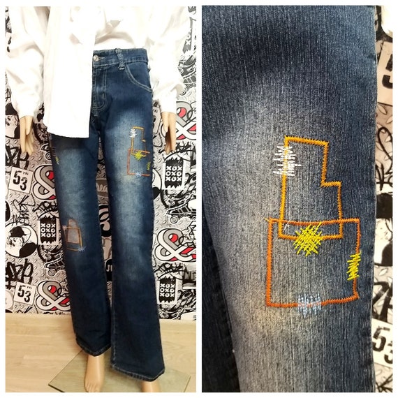 embroidered denim pants