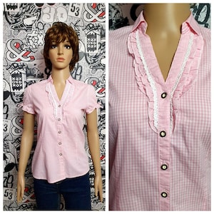 pink Gingham Shirt Gingham Dirndl Blouse Gingham Blouse dirndl top Button Up Shirt Ruffle shirt Ruffle Blouse bavarian cotton shirt XS