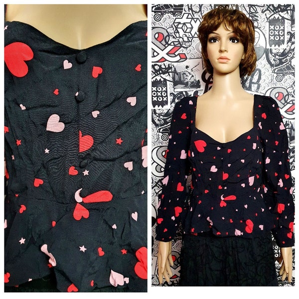 valentines day gift heart print blouse M black red shirt womens shirt womens blouse heart shirt romantic blouse boho blouse heart Top