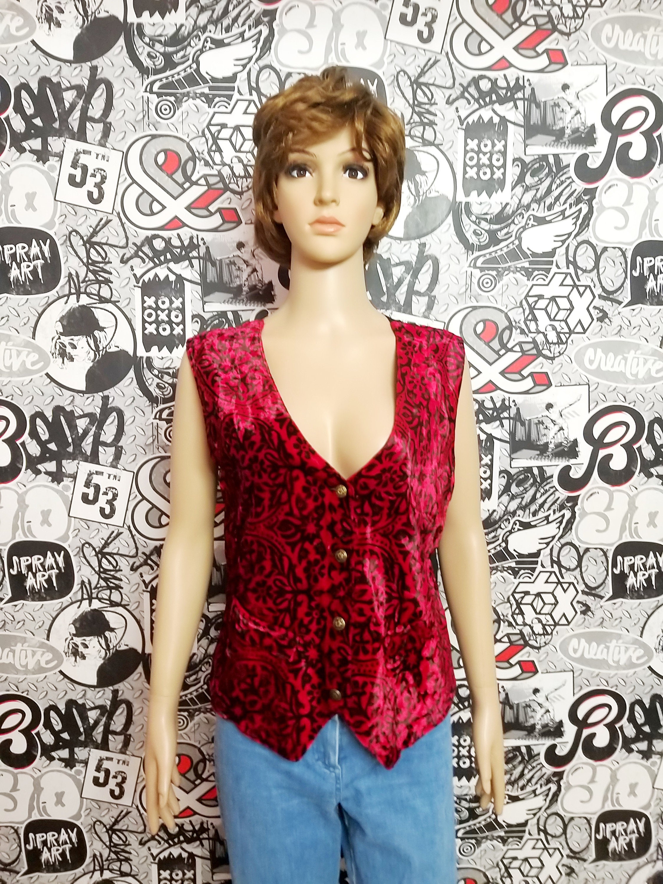 Womens Vest red velvet Vest Vintage Abstract print Vest Etsy