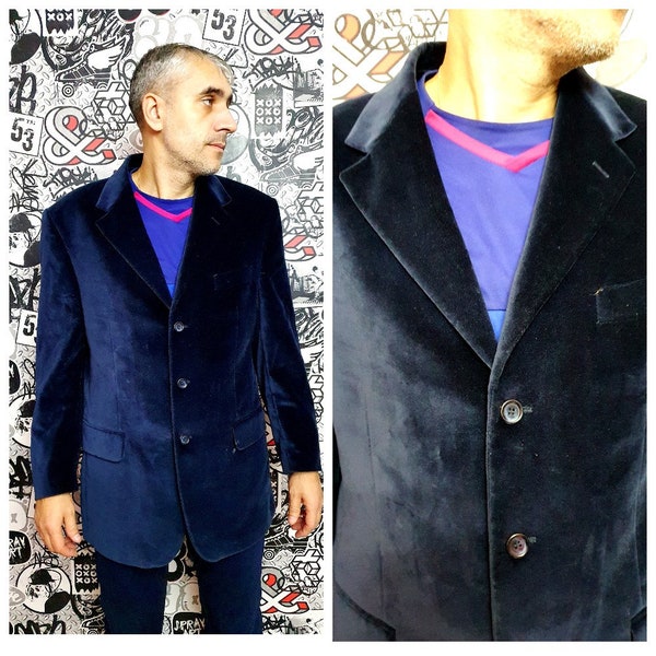 Men's blazer Mens navy blue velvet blazer Mens jackets Vintage  blazer mens velvet jackets  Sports Coat Suit jackets evening jacket  XL