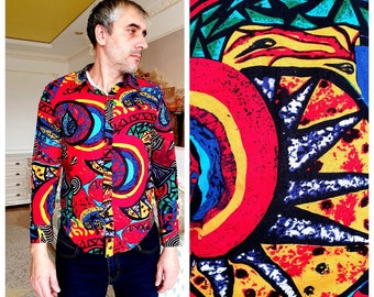 mens Abstract print shirts festival shirt Linen Rainbow shirt boho hippie shirts African Print shirt Long sleeve mens shirt ankara shirt S