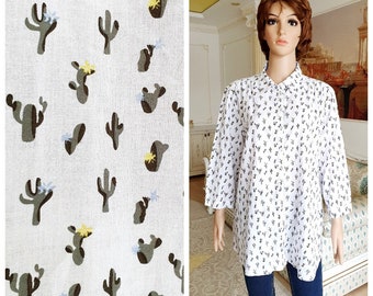 boho shirt womens shirt cactus blouse floral shirt floral blouse white collared blouse cactus top cactus print shirt XL minimalist shirt