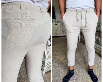 Mens blanco lino pantalones pantalones de lino hombres hombres | Etsy México