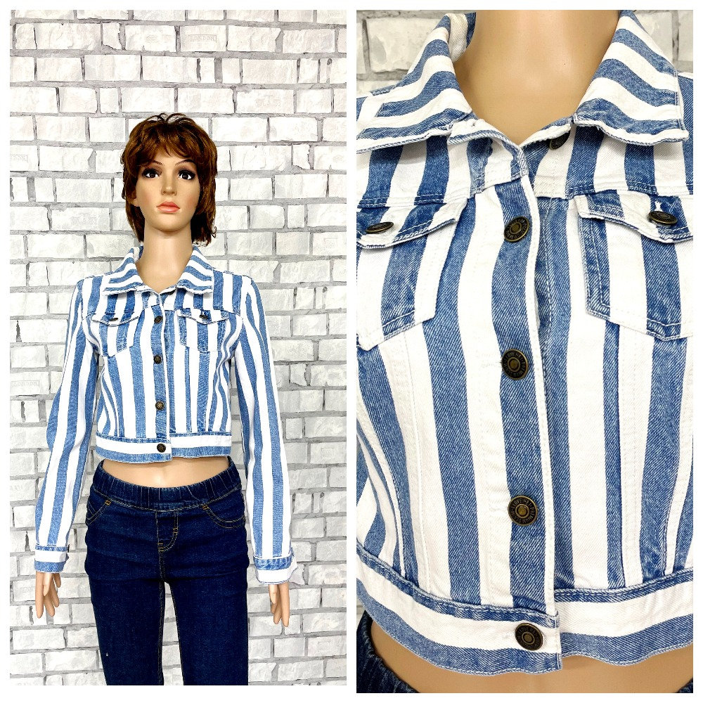 sister gift womens jacket Striped jacket Striped denim jacket crop denim jacket Crop jacket S Jeans jacket casual jacket