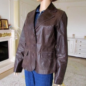 womens Leather blazer 70s retro blazer womens Leather Clothing Vintage Leather jacket brown blazer brown jacket buttom Blazer M image 4