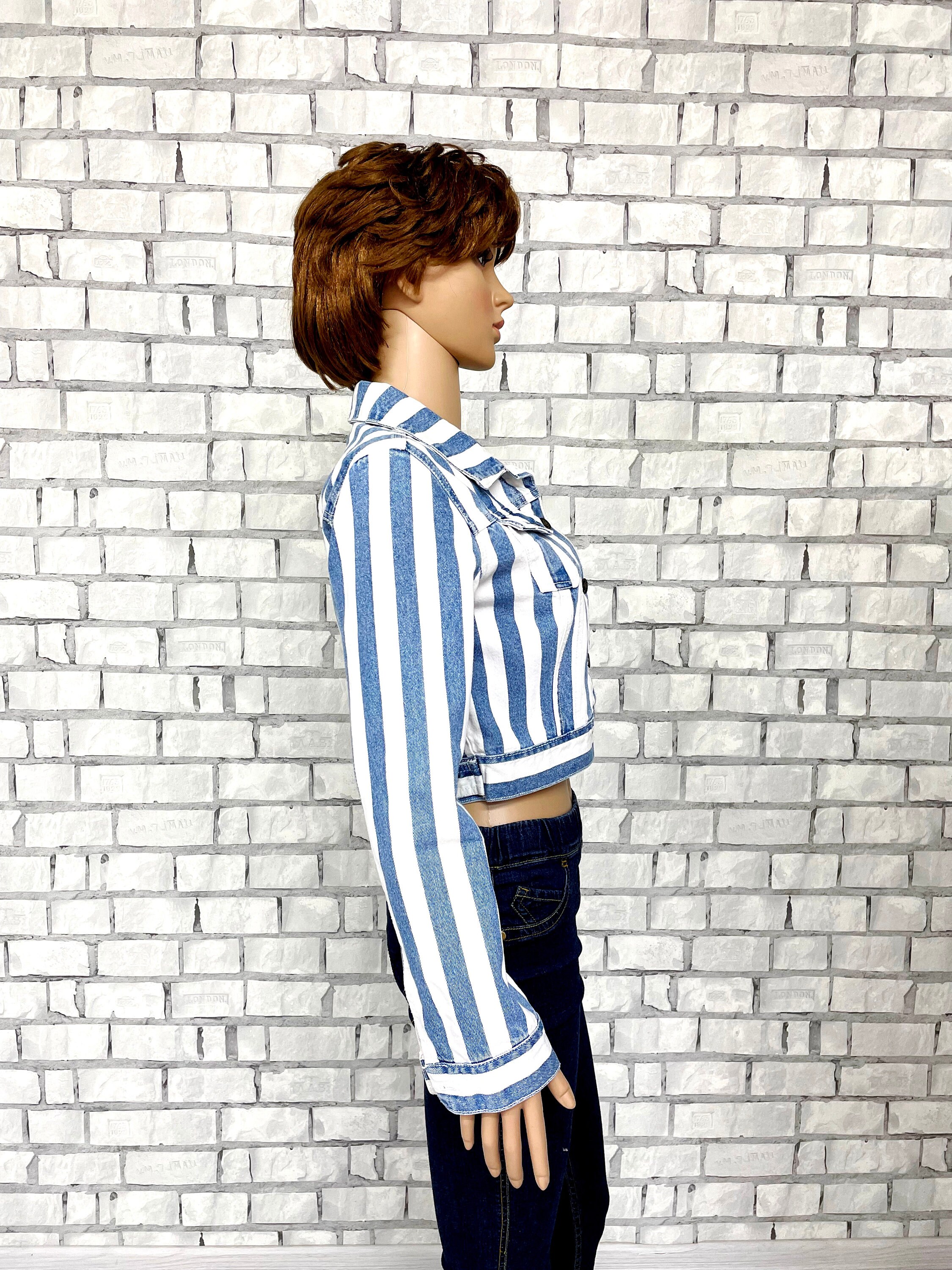 ★E.B.M★ Striped Crop Jacket EMP4WJK020 Sister Gift Womens Jacket Striped Jacket Striped Denim