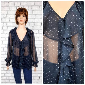 black white blouse L office blouse Ruffle womens shirt Ruffle blouse classic blouse polka dot top evening formal Secretary blouse