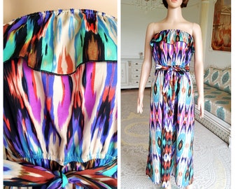 womens dress rainbow dress multicolor dress colorful dress vintage strapless dress summer dress Abstract dress sun dress beach dress M