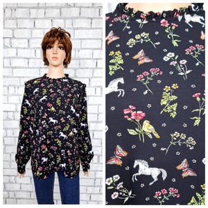 womens blouse XL Black blouse Horse print blouse  Horse top Horse shirt High neck blouse womens shirt animal blouse boho сasual blouse