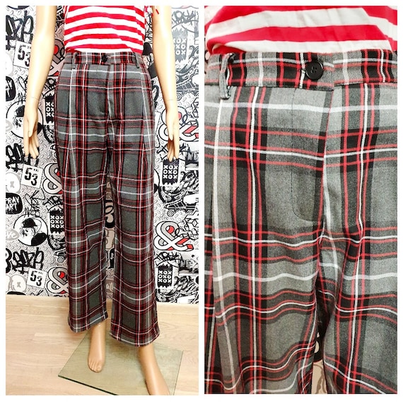 gray red Plaid Pants womens Plaid Pants Retro Pan… - image 1