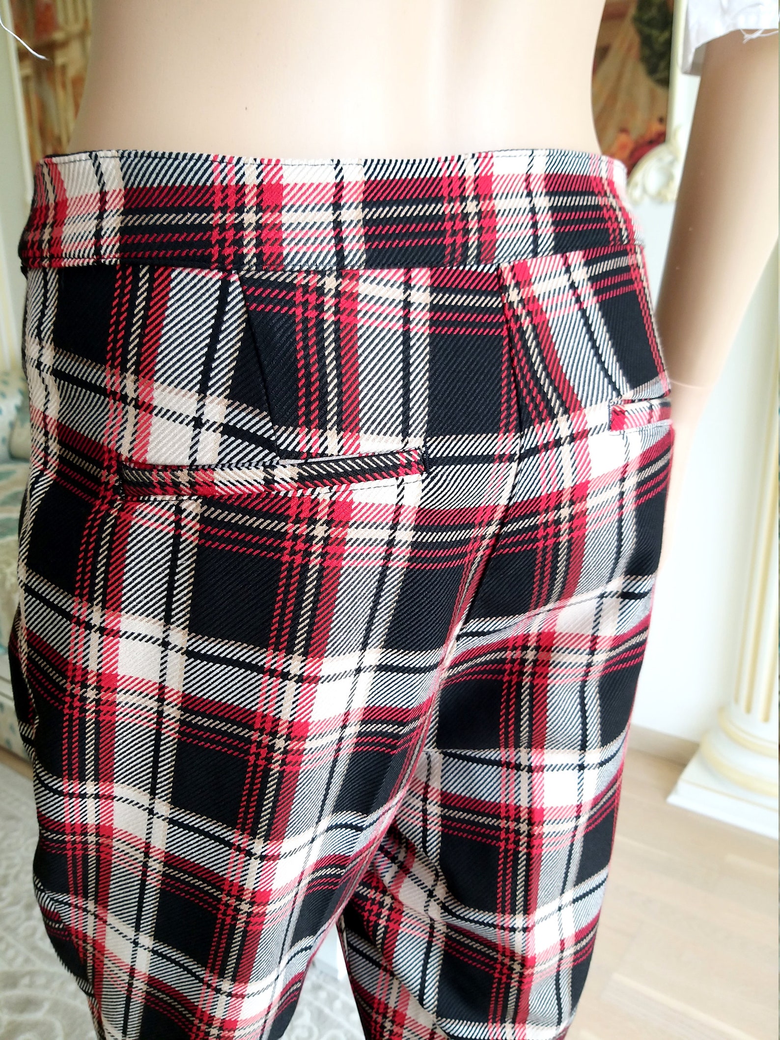 womens plaid pants with side stripe
