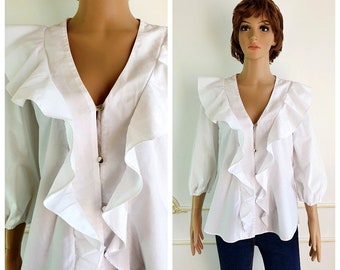 white Ruffle shirt boho shirt womens shirt L Ruffle blouse white blouse classic blouse pirate blouse poet shirt poet blouse evening blouse