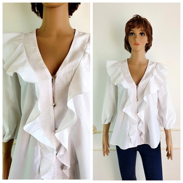 white Ruffle shirt boho shirt womens shirt L Ruffle blouse white blouse classic blouse pirate blouse poet shirt poet blouse evening blouse