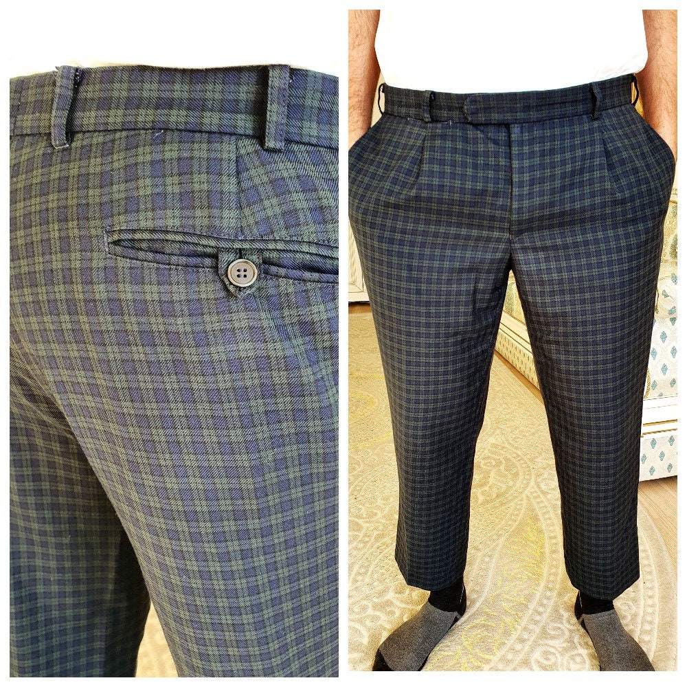 Mens Blue Plaid Silk and Wool Blended Modern Fit Pants main image 1