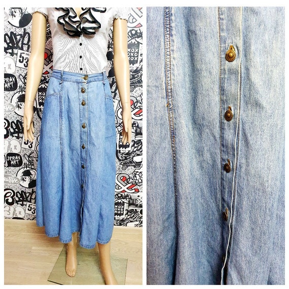 NEW Womens Full Length Blue Long Button Up Denim Maxi Skirt Size 8 10 12 14  16 | eBay