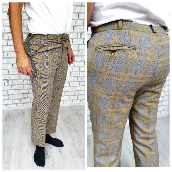 wool Pants L Mens Trousers yellow Plaid Pants Retro Pants Mens Pants Checkered Pants Vintage Tartan Pants Golf Disco Pants plaid Trousers