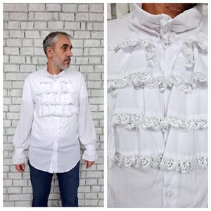 jabot collar shirt Halloween shirt XL mens Victorian shirts  mens white shirts  poet shirts Edwardian shirts Steampunk shirts Pirate Shirt