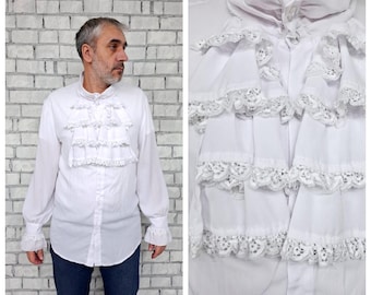 jabot collar shirt Halloween shirt XL mens Victorian shirts  mens white shirts  poet shirts Edwardian shirts Steampunk shirts Pirate Shirt