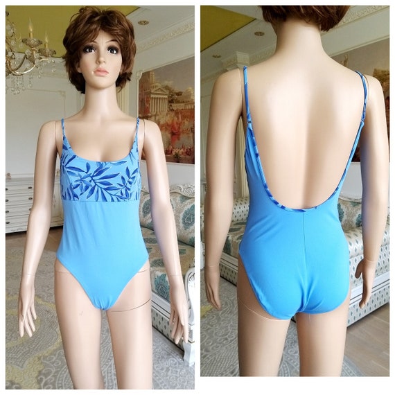 women Swimwear Vintage floral swimsuits 90s  blue… - image 1