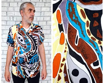 mens shirt XL vintage casual shirt festival shirt Abstract print shirts boho shirts hippie shirts short sleeve shirt Ikat Button Up shirts
