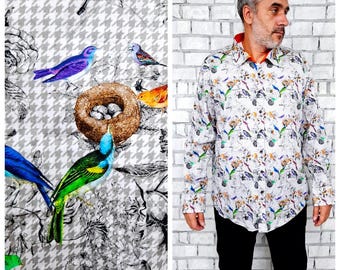 festival clothing mens bird print shirt 4XL floral shirt cotton shirt boho shirts hippie shirts mens shirt casual shirts long sleeve shirts