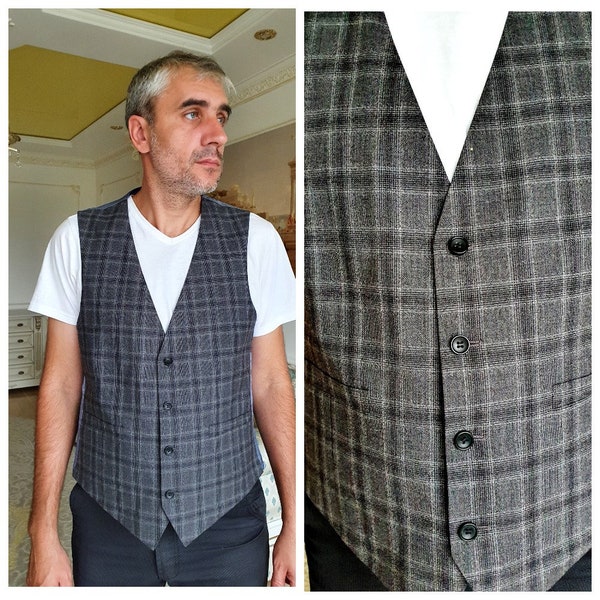 Mens Vest  wool Vest suit Vest Mens Vest groomsman gift men waistcoat gray Vest formal vest Sleeveless Jacket mod Classic plaid vest L