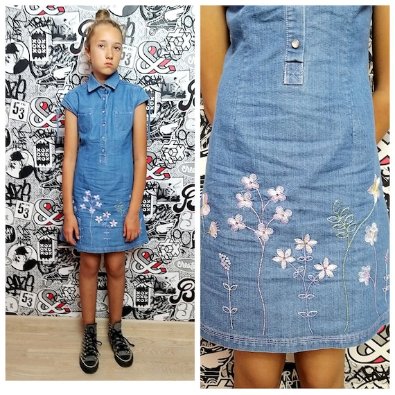 Denim Dress Girls Dress Embroidered Dress Floral Embroidery Dress
