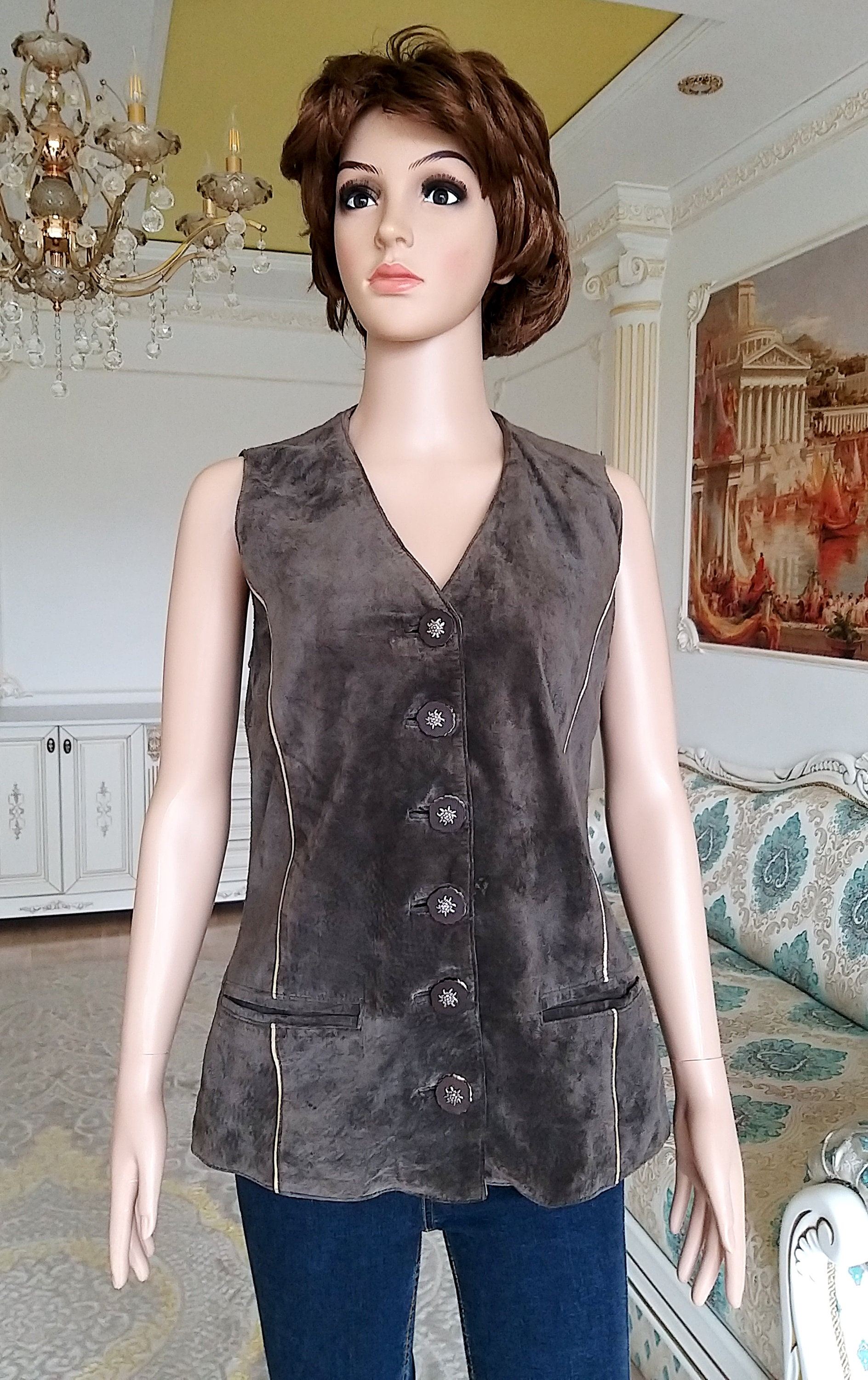 Womens Leather Vest Brown Leather Dirndl Vest Womens Vest Etsy