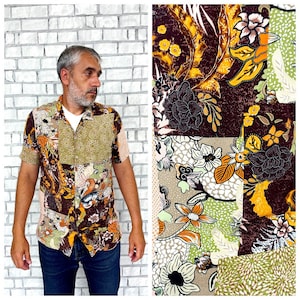 Brown Abstract shirts L mens patchwork shirt festival shirt Abstract print boho shirts hippie shirts short sleeve shirt  summer shirt