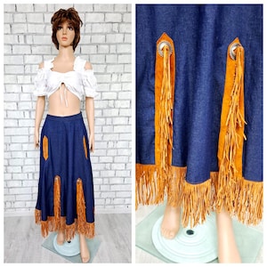 tassel Fringe Skirt M/L cowgirl Western skirt Long Denim Jeans skirt womens Leather skirt Rock Skirt Vintage Festival steampunk party skirt