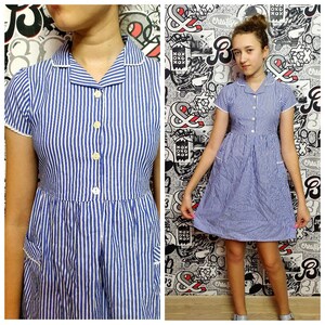 blue dress Striped dress scool dress girls dress scool dress collared dress summer dress  girls sundress Pockets dress sun dress