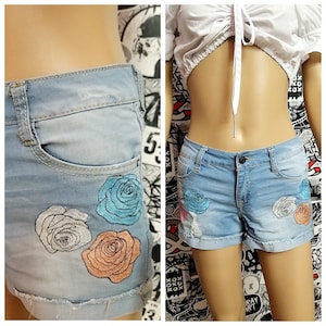 denim womens shorts Embroidered shorts denim shorts floral Embroidery shorts  sister gift Jean Shorts S Summer shorts Booty shorts cutoffs