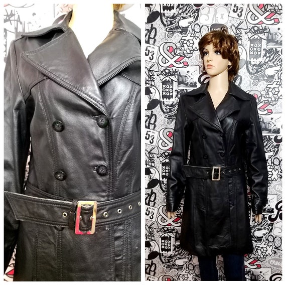 BLACK Leather trench vintage womens Leather Clothi