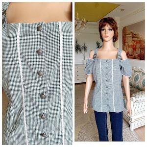 green Gingham shirt dirndl top L Dirndl Blouse folk blouse festival top Octoberfest Blouse Gingham Top Dirndl Crop Top Gingham Blouse