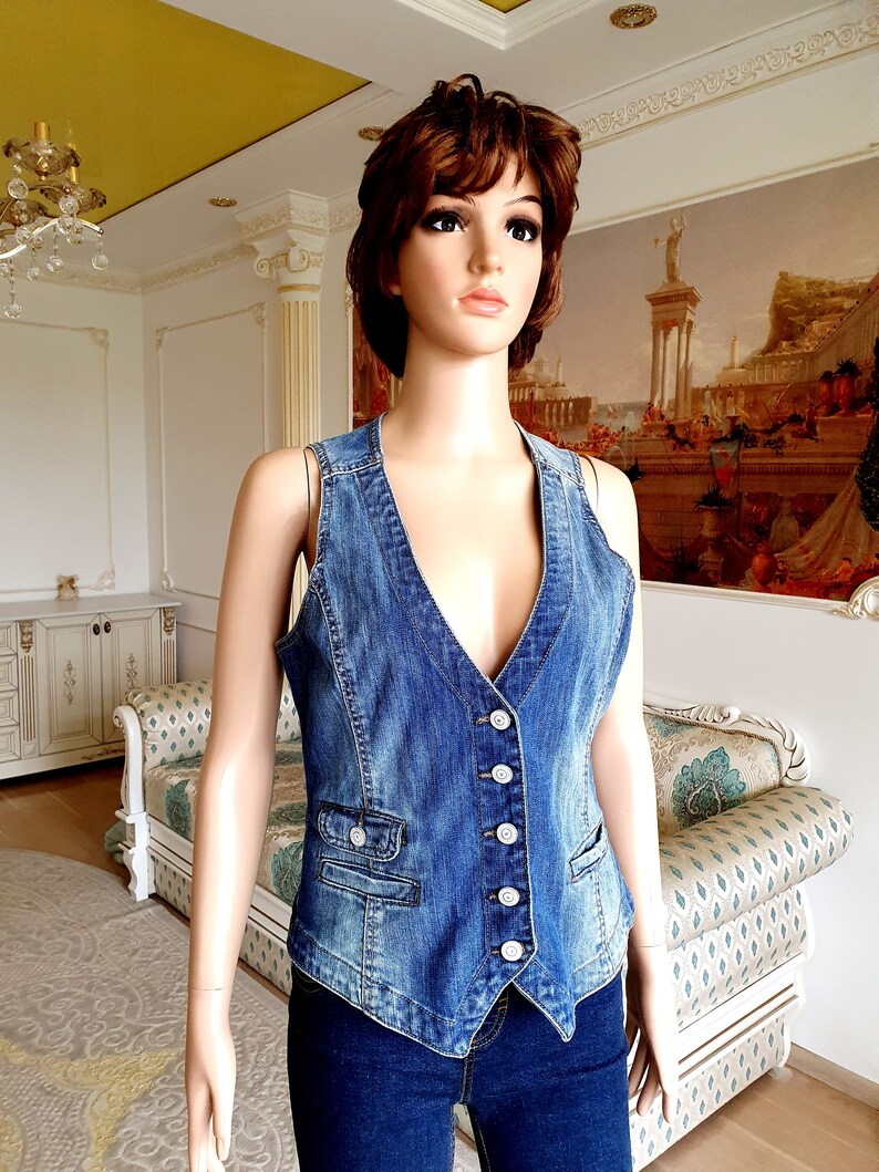 Womens Denim Vest M Vintage BLUE Denim Top BLUE Jeans Top Etsy