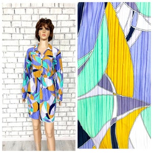 Abstract print dress S womens dress summer dress Casual dress multicolor dress boho long sleeve dress retro dress SHIRT DRESS collared Dress