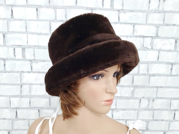 Brown  faux fur hat Brown hat retro hat bucket ha… - image 1
