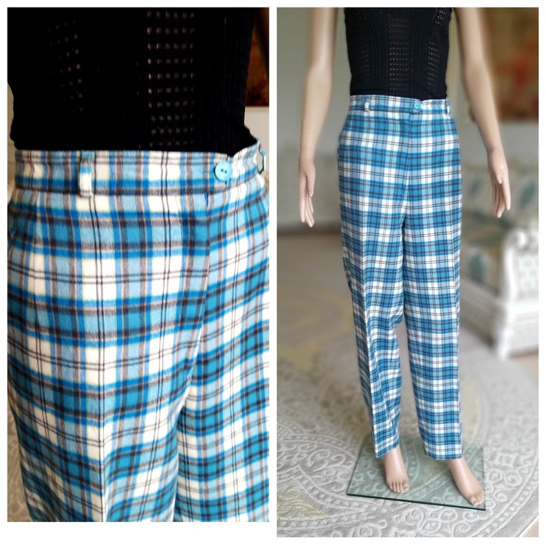 women's blue plaid pants