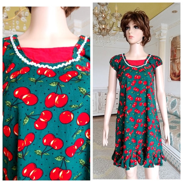 cherry print clothing cherry dress vintage retro dress 80s summer dress green Dress patty Dress midi Dress Ruffle Dress M