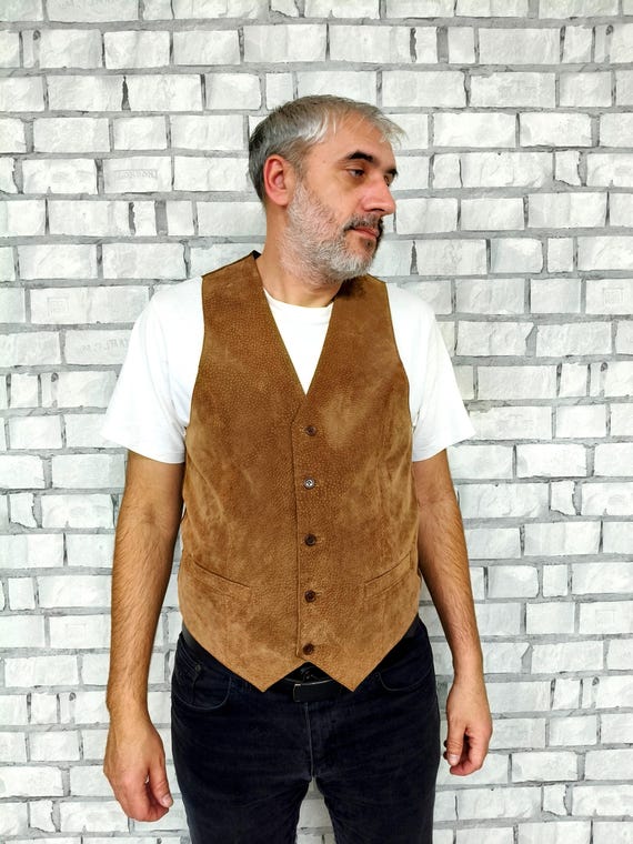Vintage 90s Mens Brown Leather Suede Vest L Western Cowboy Vintage 90s Mens Brown Leather Suede Vest L Western Cowboy