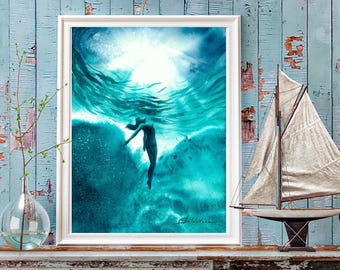 Watercolor Sea Print, Underwater Woman Swimming, Coastal Wall Art
