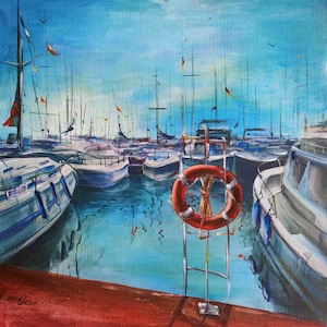 Original Mixed Media Artwork, Yachts Oil and Acrylics Painting on Canvas Board, Seascape Art, Symbolic Seascape Painting, Impressionist Sea